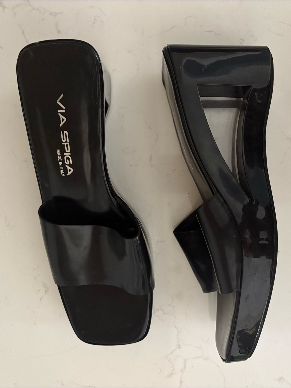 Via Spiga Black Patent Wedge Slide Sandals